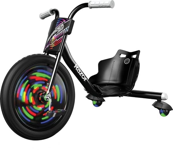 RAZOR RIPRIDER 360 LIGHTSHOW BLACK TRIKE WITH REAR CASTERS AND WITH MOTION-ACTIVATED MULTI-COLOR LIGHTS, 3 WHEELED DRIFTING RIDE-ON FOR KIDS AGES 5 AND UP