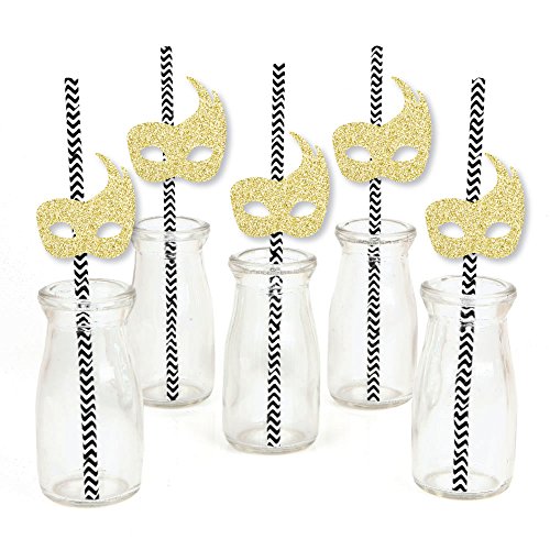 Gold Glitter Masks Party Straws - No-Mess Real Gold Glitter Cut-Outs & Decorative Masquerade Mardi G - //coolthings.us