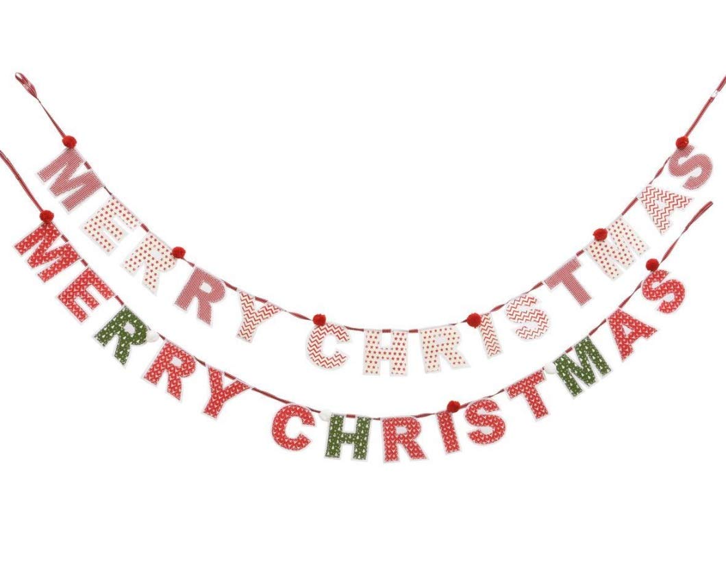 Kaemingk Shabby Chic Fabric Christmas Banner/Garland - Red Green Vintage Country Style Decoration - Merry Christmas Message - 170 cm