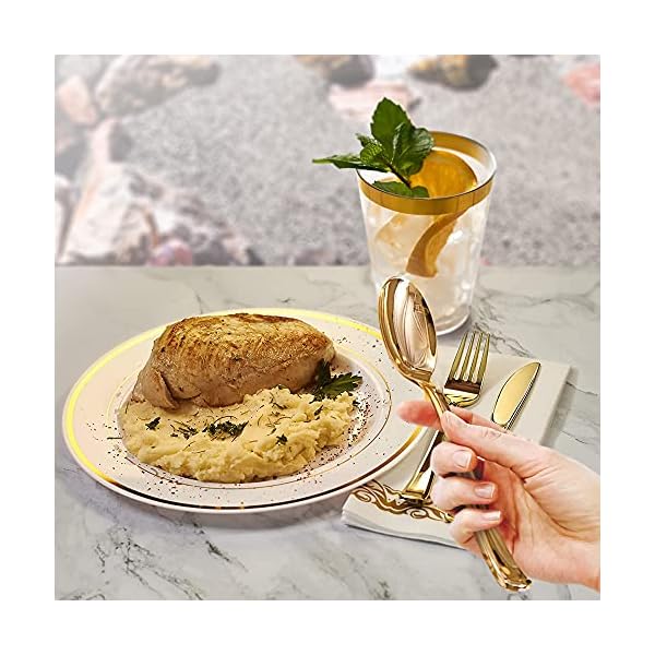 Earths-Dream-Gold-Plastic-Plates-Set-A-Complete-Disposable-Dinnerware-Set-with-100-Party-Plates-25-Dinner-25-Salad-25-Soup-25-Dessert-125-Gold-Silverware-25-Cups-50-Napkins-Table-Runner Earth’s Dream Disposable Dinnerware Set for Christmas: 100 Gold Plastic Plates Set for Party (25 Dinner, 25 Salad, 25…