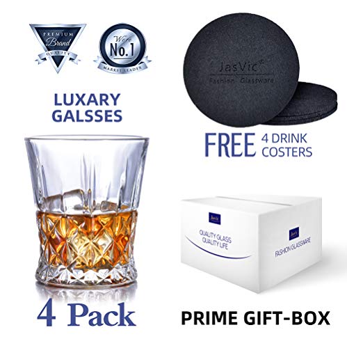 Whiskey Glasses SET OF 4 - Lead Free Glass set Cups and Tasting Tumblers for drinking Scotch, Bourbon. Irish whiskey, Brandy - Luxury Gifts for Men Women