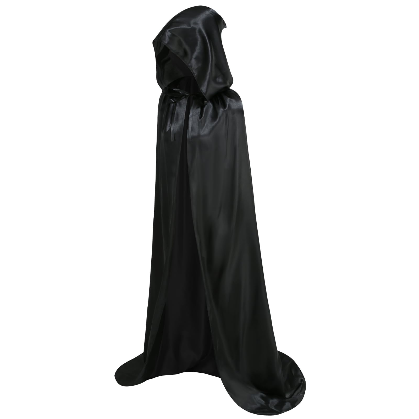 HAPNBCELE Unisex Adults Satin Cape Hooded Cloak, Wizard Fairytale Cosplay Fancy Dress for Halloween Christmas Carnival Party (Black, 130cm/51.18”)