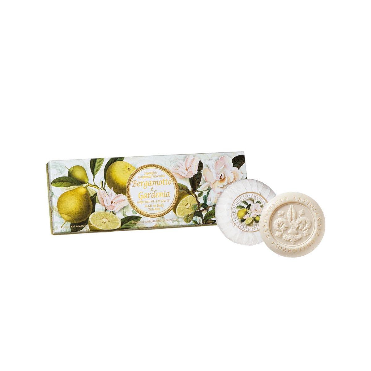 Boxed Italian soap, Bergamot and Gardenia, round soaps sculpted with lily, pleated wrapping and label, 3 x 100g