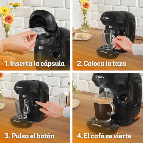 - Cafetera multibebida Tassimo Happy Friendly, Hasta 70 bebidas, OneTouch, Preparación individual, Diseño compacto, Intellibrew, Negro, TAS112E