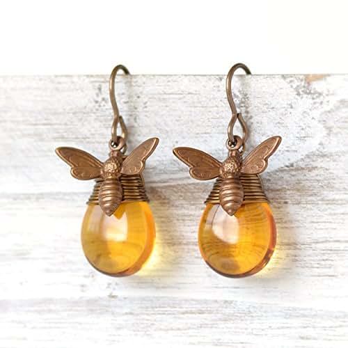 Honey Bee Wire Wrapped Glass Teardrop Earrings Handmade