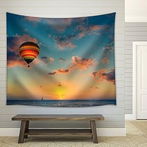 Hot Air Balloon with Sunset at The Sea Background - Fabric Wall Tapestry Home Decor - 51x60 inches