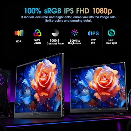 Monitor Portátil 15.6" Full HD 1080P IPS - Tela Portátil para Notebook e Extensor de Tela, HDR, com Alto-falantes e Capa Magnética Integral, USB-C Mini HDMI para Laptop, Celular