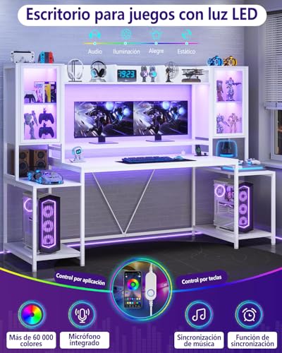 Escritorio gamer 190cm, escritorio para computadora con soporte para monitor, mesa para juegos con luces LED, mesa para PC con cajón y estantes de almacenamiento para dormitorio y sala de estar Blanco