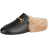 Arqa Fur Mules for Women Comfortable Leather Buckle Mule Flats Furry Padded Backless Loafers Casual Slides Shoes