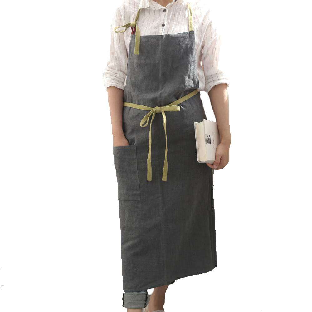 UHEIM Premium Free Size Linen Bib Apron Kitchen Apron with Large Pocket 9 Colors (Dark Grey)