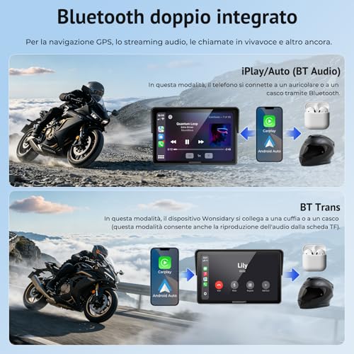 Wonsidary W522TPMS 5 Inch Wireless CarPlay Motorcycle Screen with Android Auto, IP67 IP67 Waterproof Touch Display with TPMS, Voice Control, Dual Bluetooth Audio, USB/ACC Power for Motorcycle