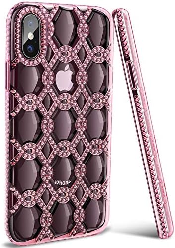 iPhone Xs Case, iPhone X Case, Acalantha High Impact Slim Colorful Flexible Clear Back Diamond Lattice Interior Cute Girly Shockproof Liquid Silicone Protection Phone Cases Cover for Women Girls Pink