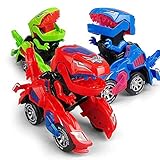 GRAWILLE Transforming Dinosaur LED Car Dinosaur Transform Car Toy Automatic Dino Dinosaur Transformer Toy Car for Kids 3+ Years Old (Red)