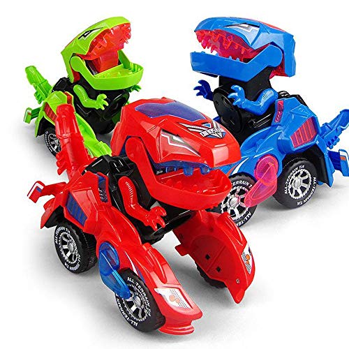 GRAWILLE Transforming Dinosaur LED Car Dinosaur Transform Car Toy Automatic Dino Dinosaur Transformer Toy Car for Kids 3+ Years Old (Red)