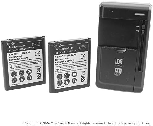 YN4L 2 X 2600mAh Replacement Batteries for Samsung Galaxy S5 Zoom C115 ; C116 ; C1158 ; EB-BC115BBE + Wall Dock Charger Bundle