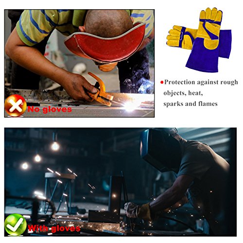 Welding Gloves Lined Leather Extreme Heat Resistant Double Insulation For Mig, Tig Welders, BBQ, Gardening, Camping, Stove, Fireplace and More - 16 in, Blue - Thumbnail 4