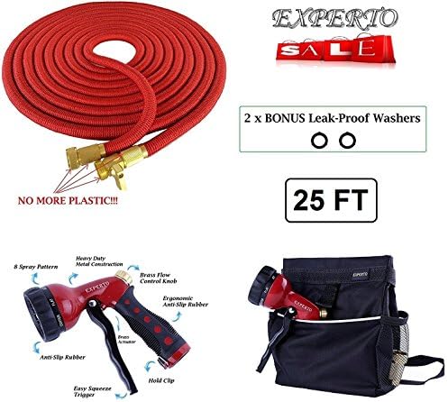 eXperto (25ft, Red) Expandable Garden Hose 3 in 1 KIT - Expanding Hose + Heavy Duty 8 Pattern Metal Watering Nozzle…