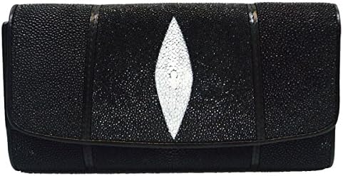 Women's Long Trifold White Pearl Eye Lines Black Wallet