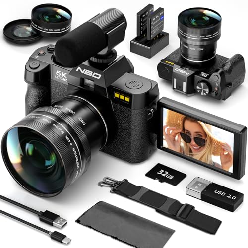 NBD 5K&64MP Digital Camera for Photography with 180°Flip Screen (Black) | 16X Zoom WiFi Vlogging Cameras , Auto Focus, Wide-Angle&Macro Lens, 2 Batteries & 32GB TF Card，Travel Camera for Beginners