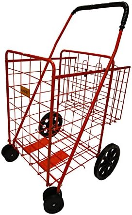 Large Swivel Shopping Cart With Extra Basket Red