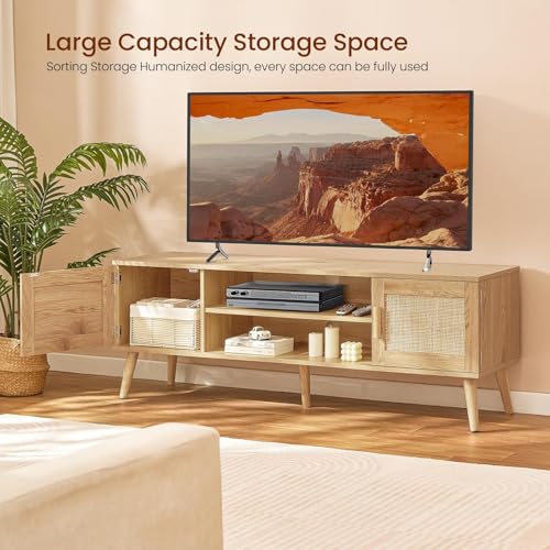 FIONESO Rattan TV Stand for 60 Inch TV, TV Bench, Entertainment Center TV Console with 2 Cabinets & Shelf, Media Console,TV Cabinet for Living Room, Natural+Rattan