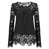 AvaCostume Womens Lace Shoulder Long Sleeve Blouse T Shirt Casual Lace Tops, Black 8