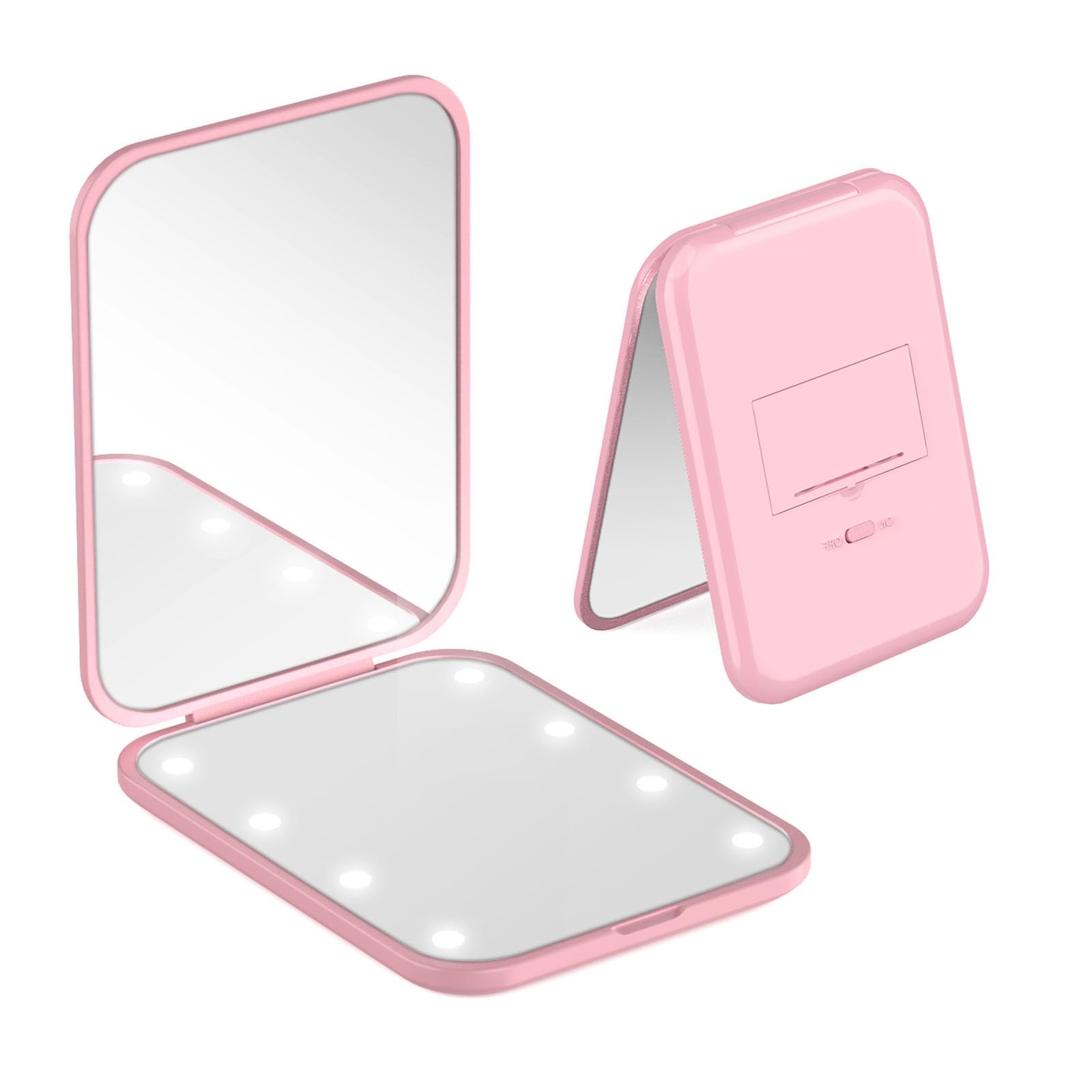 TOZKZO Travel Makeup Mirror, 1X/3X Magnification LED Compact Mirror with Iternal BIattery, Portable, Handheld, Foldable Pocket Mirror for Purse, Travel and Daily Use, Ideal for Gift Giving, Pink