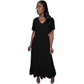 TOPSRANI Maxi Dresses for Women Short Sleeve Crewneck Casual Loose Smocked Ruffle Flowy Summer Sundresses with Pockets