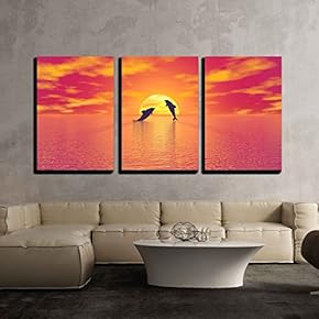 3 Piece Canvas Wall Art - Shadow of Two Small Dolphins Jumping in The Ocean Toward The Sun by Red Sunset - Modern Home Art Stretched and Framed Ready to Hang - 16"x24"x3 Panels