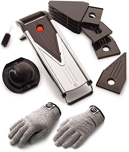 Adjustable Mandoline Slicer-5-Blade Stainless Steel Vegetable Slicer-Best Kitchen Vegetables Fruits Cutter Chopper-Professional V-blade Mandoline V Slicer-Julienne Cutter with Cleaning Brush