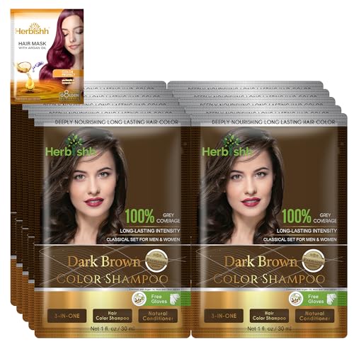 Herbishh Hair Color Shampoo For Gray Hair– Hair Dye Shampoo With Argan Hair Mask–Travel Size-Colors Hair In Minutes–Long Lasting Colour–10Pack+1Pack–Ammonia-Free (Dark Brown)