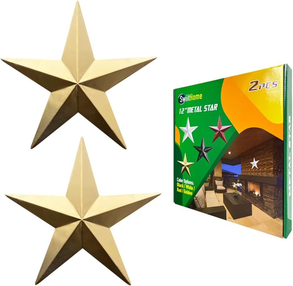 Plaques & Wall Art - 2 Pieces 12 Inch Metal Star, Barn Star for Home Decoration,Iron Vintage Wall Arts and Crafts, Hanging Wall Decor for House, Christmas Indoor Outdoor Decorations (Golden)