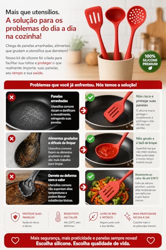 Kit 3 Utensílios de Cozinha em Silicone Vermelho Concha Espátula Escumadeira Premium Resistente até 230°C Não Risca Panela
