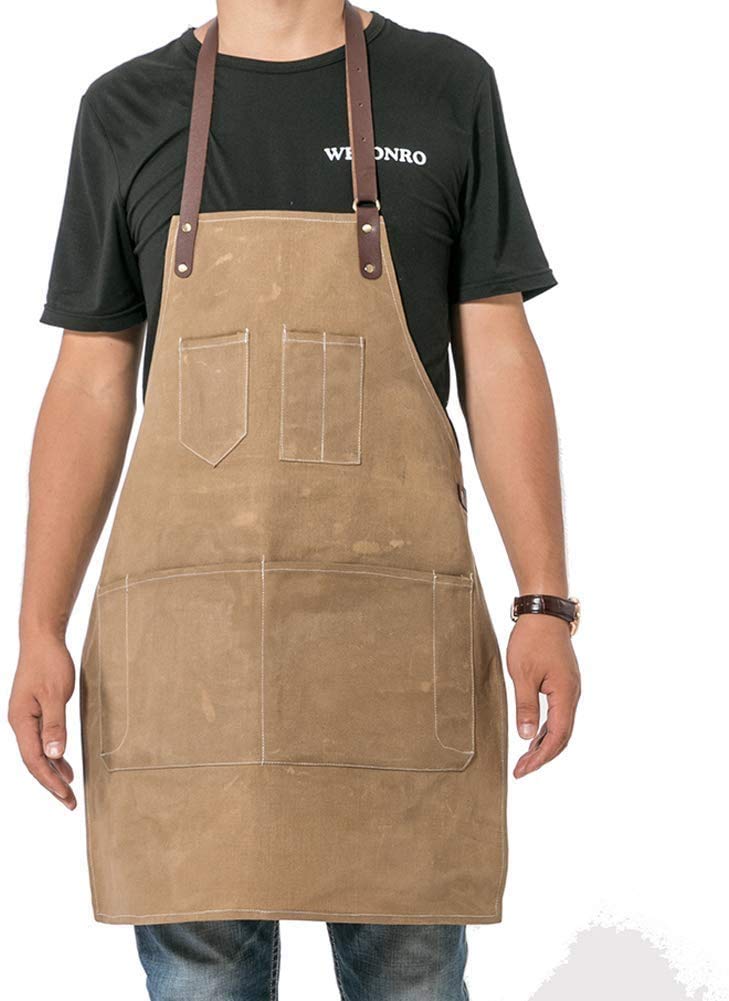 ChengYi Waxed Canvas Work Apron with 7 Pockets,Cooking Apron for Men&Women,Adjustable Waist Ties&Leather Neck Strap Tool Aprons Coffee/Chef/Workshop Apron,Great for Home,Kitchen,BBQ,Workshop