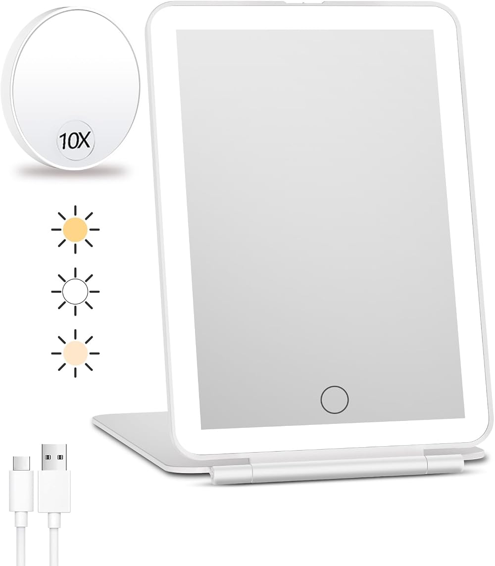 FUNTOUCH Rechargeable Travel Makeup Mirror with Lights 10X Magnifier 80 LEDs