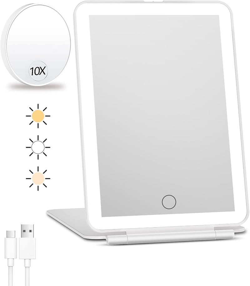 FUNTOUCH Rechargeable Travel Makeup Mirror with Lights 10X Magnifier 80 LEDs