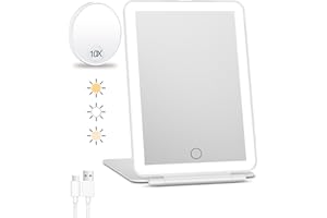 FUNTOUCH Rechargeable Travel Makeup Mirror with Lights and 10X Magnifying Mirror, Portable Lighted Vanity Mirror with 80 Led,2000mAh Battery,3 Color Lighting,Touch Dimming,Tabletop Light up Mirror