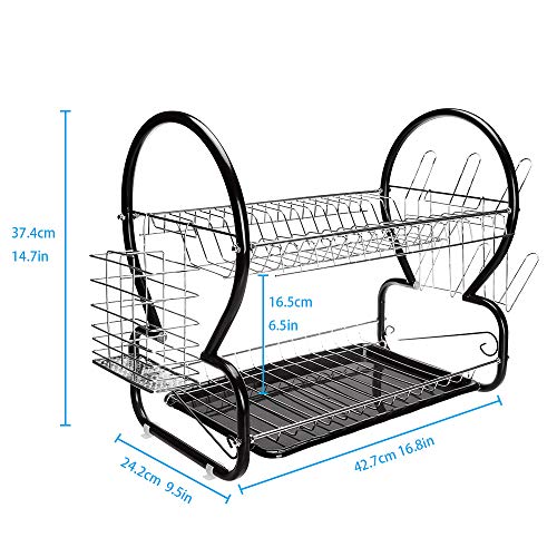 2-Tier Dish Rack and Drain Board, Brilliant Black Large Kitchen Plate Cup Dish Drying Rack Storage Tray Cutlery Dish Drainer Room Saving