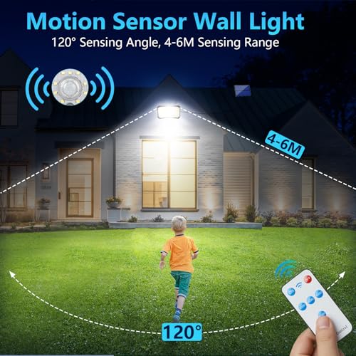 Outdoor Solar Lamp [2 Packs] Outdoor Solar LED Light with Motion Sensor 200LED 4 Modes Remote Control Outdoor LED Headlight with Solar Panel, Outdoor Garden Solar Lights with 5 m Cable