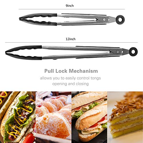 kenpiko Tongs for Cooking with Silicone Tips, 2 Pack Food-Grade Kitchen Tongs with Premium and Durable Stainless Steel, Silicone Tongs with Grill Brush and Cleaning Brush for Cooking, BBQ and Salad
