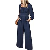 Happy Sailed Women's Long Sleeve Jumpsuits Loose Fit Overalls Square Neck Pockets High Waisted Wide Leg Pants Rompers