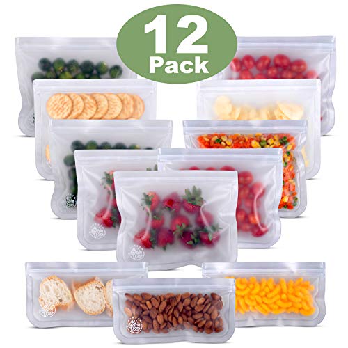 Greenzla Reusable Storage Bags (12-Pack) -FDA Grade PEVA Reusable Ziplock Lunch Bags -EXTRA THICK Freezer Safe Sandwich Bags For Food and Kitchen Organization - BPA FREE Snack Bags - 9 Large & 3 Small
