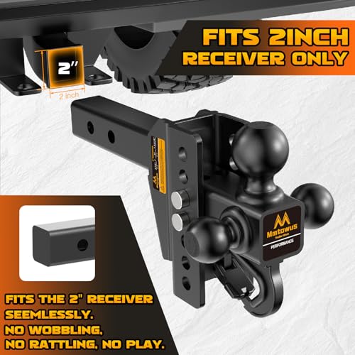 Mmtowus Adjustable Trailer Hitch - Drop Hitch Fit 2" Receiver -6" Drop/Rise | Tri Ball Mount with Hook (1-7/8'', 2'' & 2-5/16''), 12,500 LBS GTW Tow Hitch, 3 Ball Hitches for Trucks, RVs, Camper, SUV etc