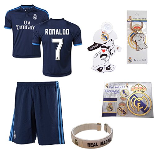 iSport GiftsÂ® Real Madrid Blue Ronaldo #7 Kids Soccer Jersey and Soccer Shorts 6 IN 1 SOCCER FAN GIFT KIT Youth Sizes YS / YM / YL (Youth Medium 8-10 Years Old, Ronaldo #7)
