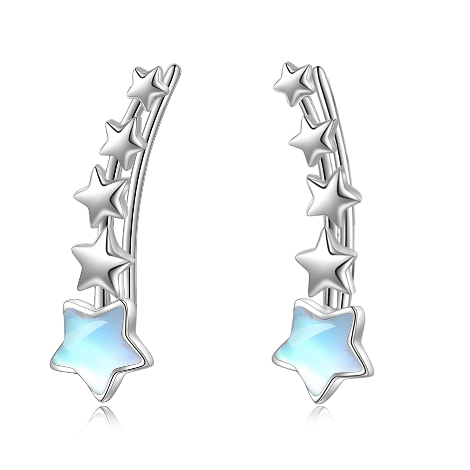925 Sterling Silver Star Ear Crawler Cuff Earrings Ear Climber Hypoallergenic Moonstone Earrings