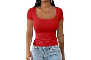 Dwnval Womens Summer Sexy Short Sleeve Square Neck Double Lined Basic Slim Fit Crop T Shirt
