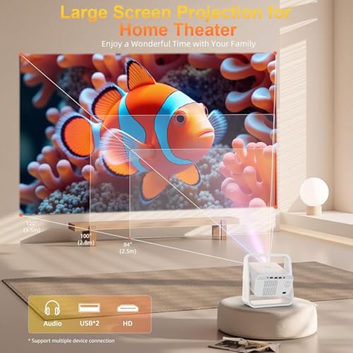 Smart Projector with WiFi6 and Bluetooth5.2, 2000ANSI, Built-in Apps, 4K Support, Native 1080P Outdoor Movie Projector, Auto Keystone & 360°Stand, Portable Proyector for Home Theater, 2026 New, White