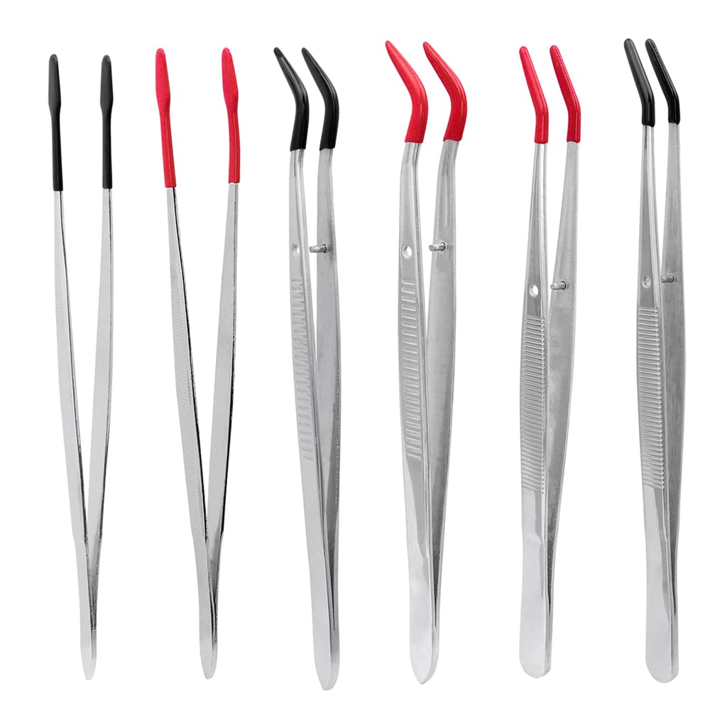 Bestgle 6PCS Rubber Tipped Tweezers Set, Stainless Steel Non-Slip Precision Tweezers with Rubber Coated Tips for Jewelry Making, Hobby Crafts, Beads & Electronics