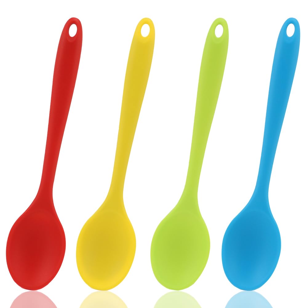 tiokin 4 Pieces Small Multicolored Silicone Spoons Nonstick Kitchen Spoon Silicone Serving Spoon Stirring Spoon for Kitchen Cooking Baking Stirring Mixing Tools (Multi-Colour)