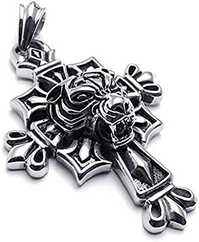 QIUXIA Unique Stainless Steel Cross Necklace Tiger Pendant 18-26Inch Link Men's